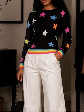 Brodie Cashmere Black Crewneck Sweater with Multicolor Stars & Rainbow Trim